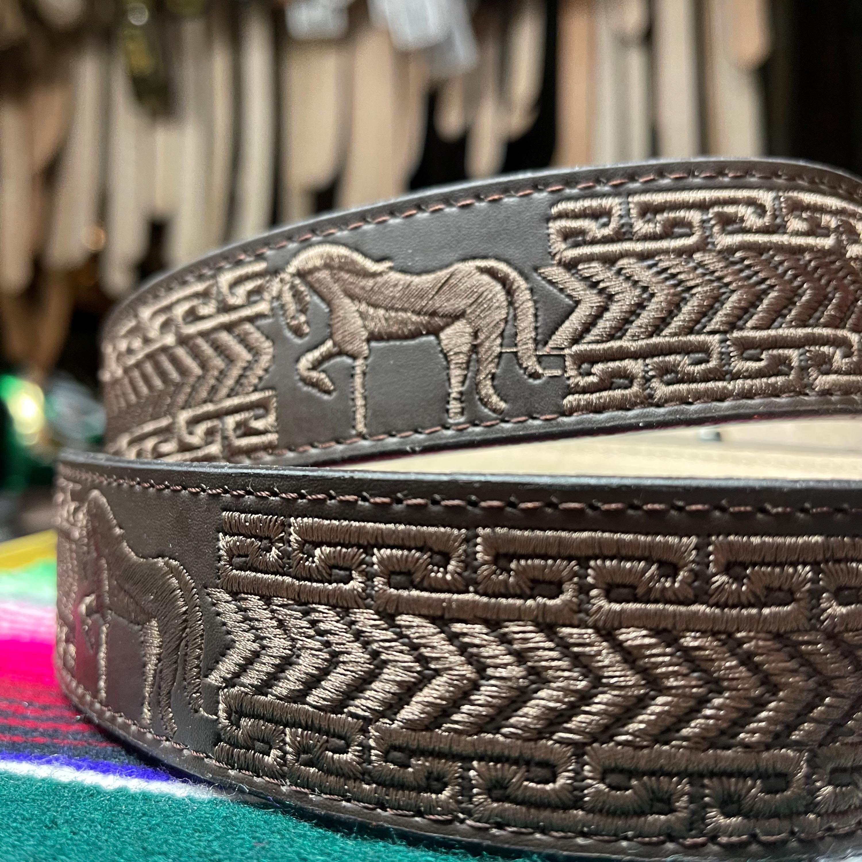 All Brown Embroidered Cowboy Belt. Men display picture 2