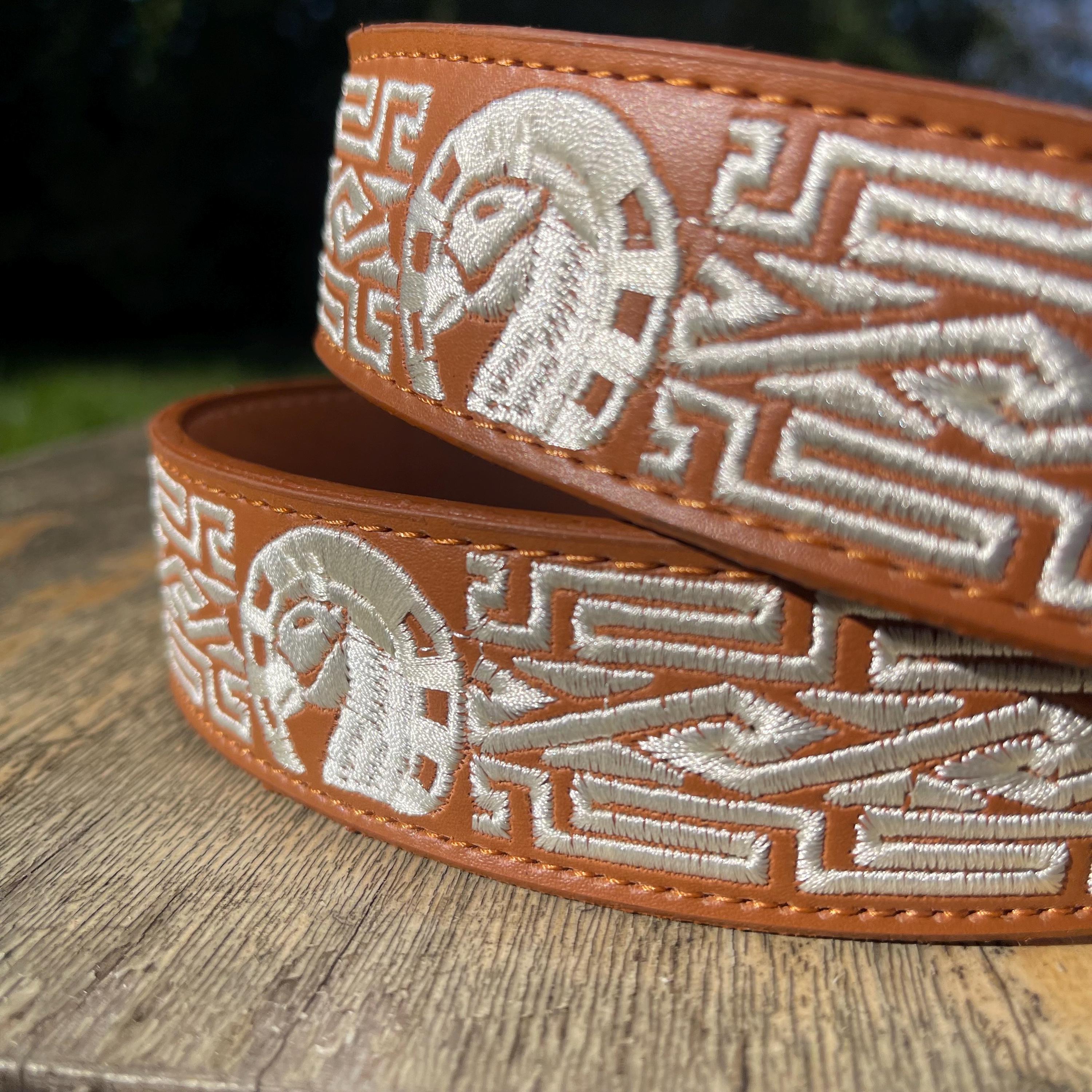Horse Shoe Embroidered Leather Belt. Men