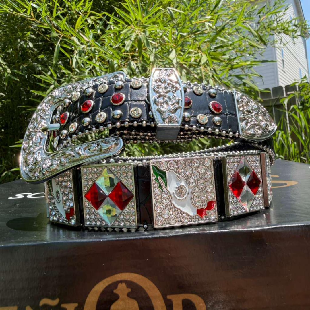 Mexico Flag Cowboy Belt. Unisex White Rhinestone Belt. Western