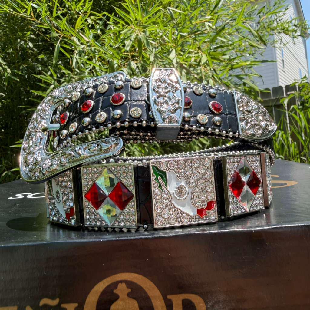 アクセサリー OLD Mexican Jewelry - Belt Type - Mexico Flag Cowboy Belt. Unisex White Rhinestone Belt. Western