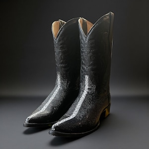May include: A pair of black cowboy boots with a textured finish and white accents. The boots have a pointed toe and a tall shaft with decorative stitching. The background is a solid black.