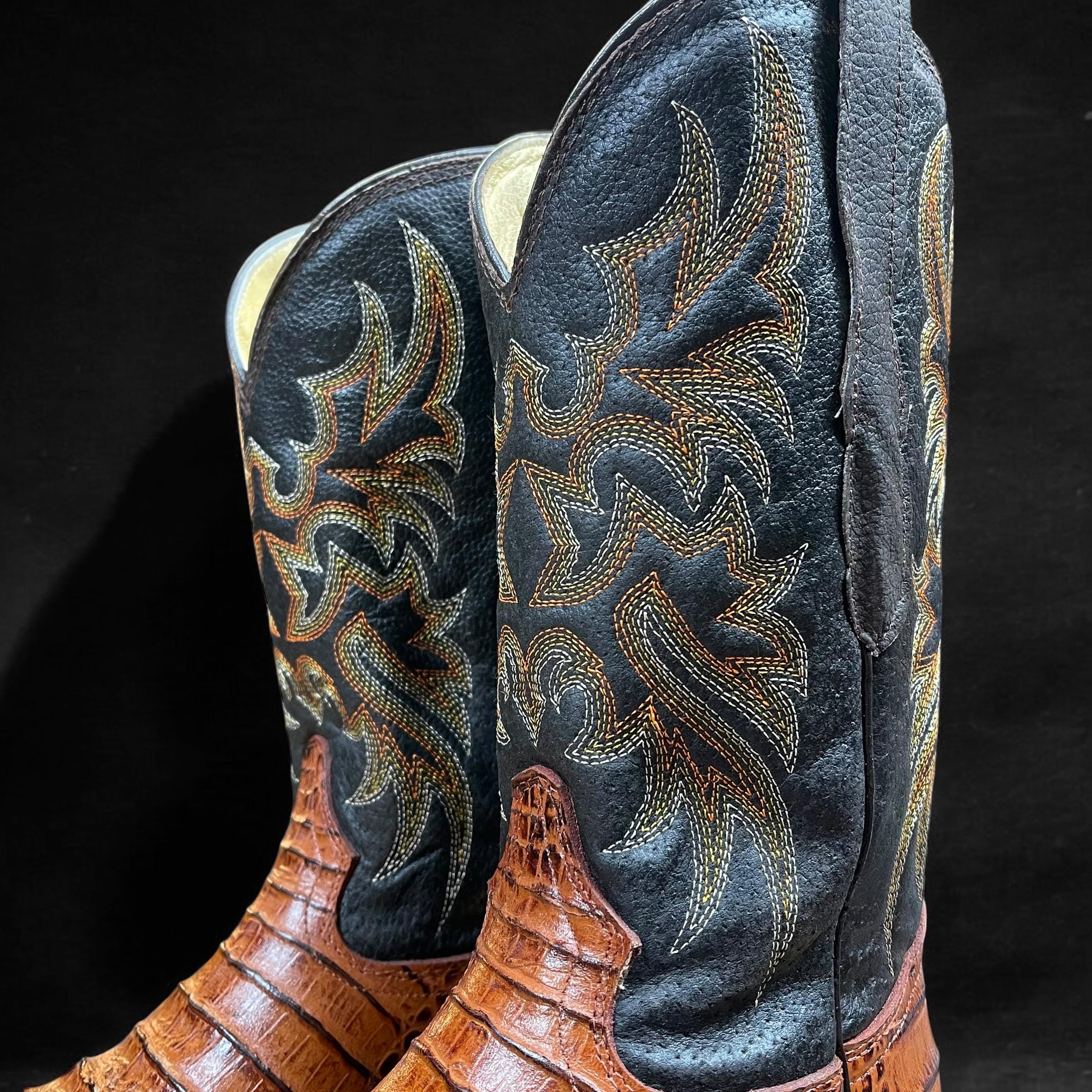 Men‘s Tan Caiman Belly Leather Cowboy Bold Crocodile Texture Square Toe Boots Brown Alligator Belly Skin Boots. Men main image 4