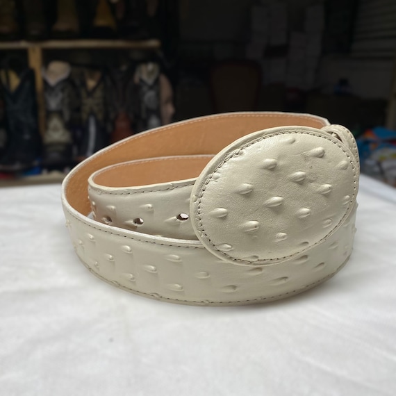 Mezlan Cream Ostrich  Leather Belt with Silver Buckle Men main image 4
