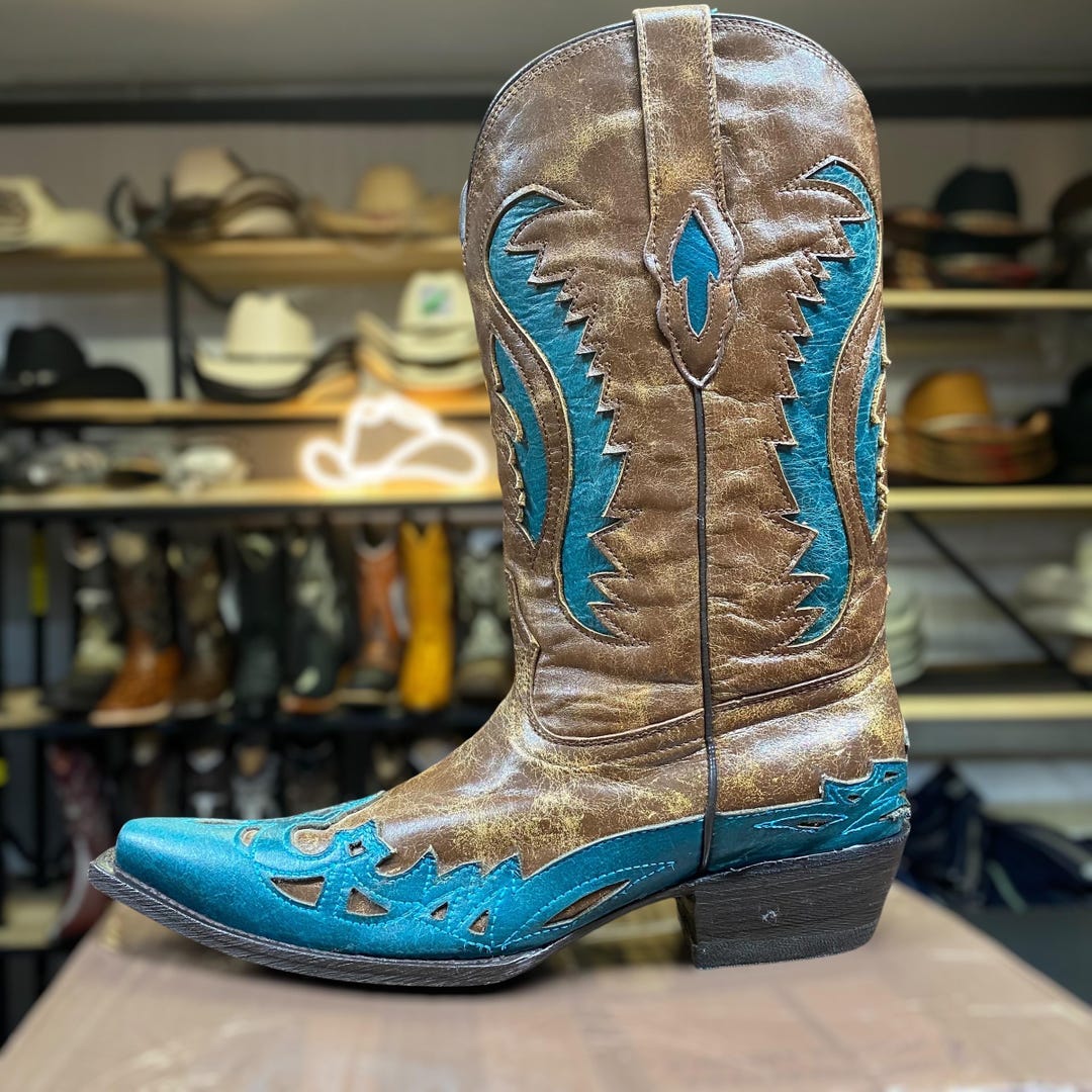 Woman???s Vintage Cowboy Boots. Blue and Brown Cowboy Boots. Western
