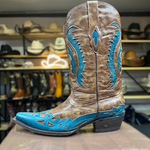 Vintage damescowboylaarzen. Blauwe en bruine cowboylaarzen. Western cowgirl-laarzen. Rodeolaarzen voor dames. Bota Vaquera De Mujer.