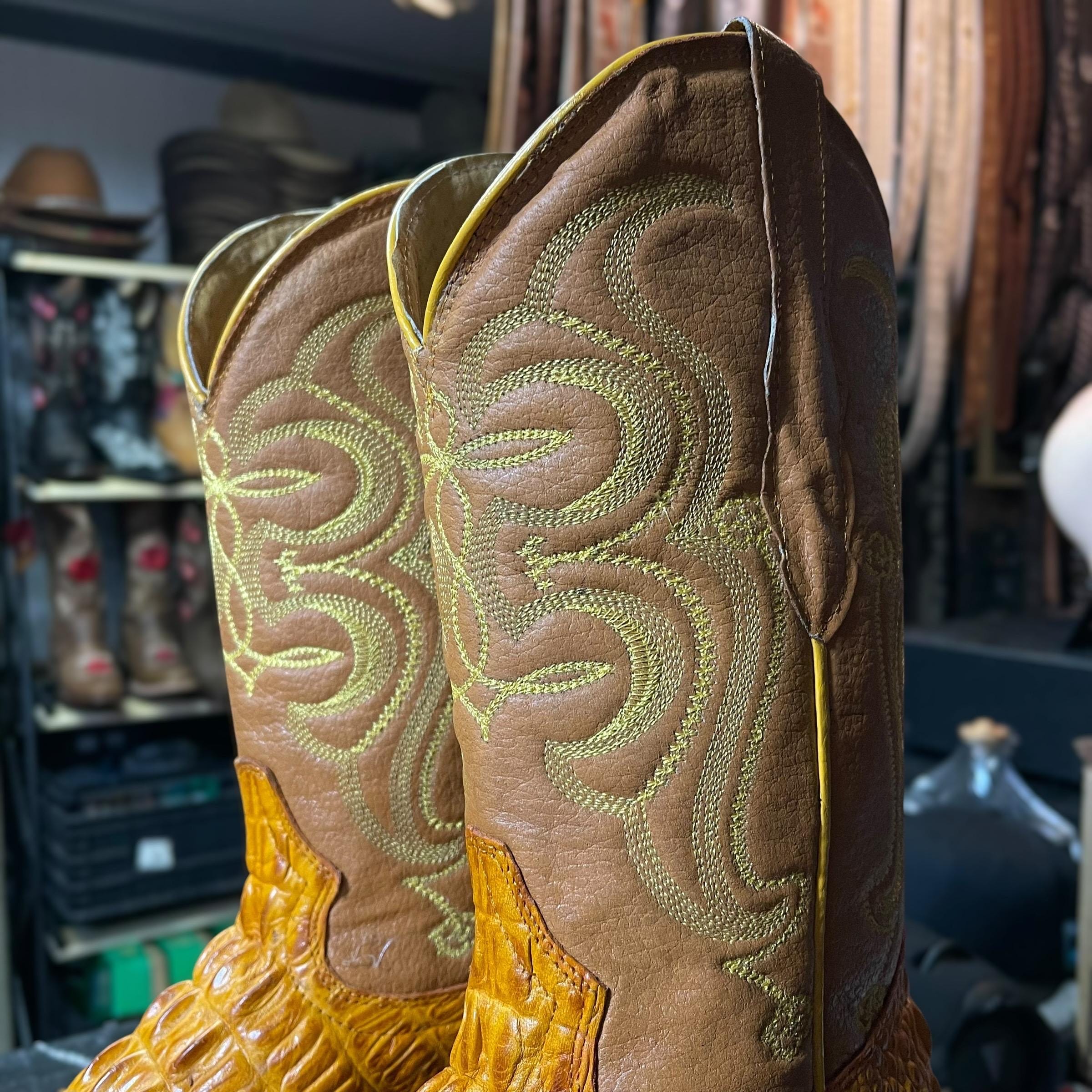 Bottes Western Cowboy Vintage 70s Marron - Cuir Et Peau De Crocodile Dos Corne - Taille 8.5