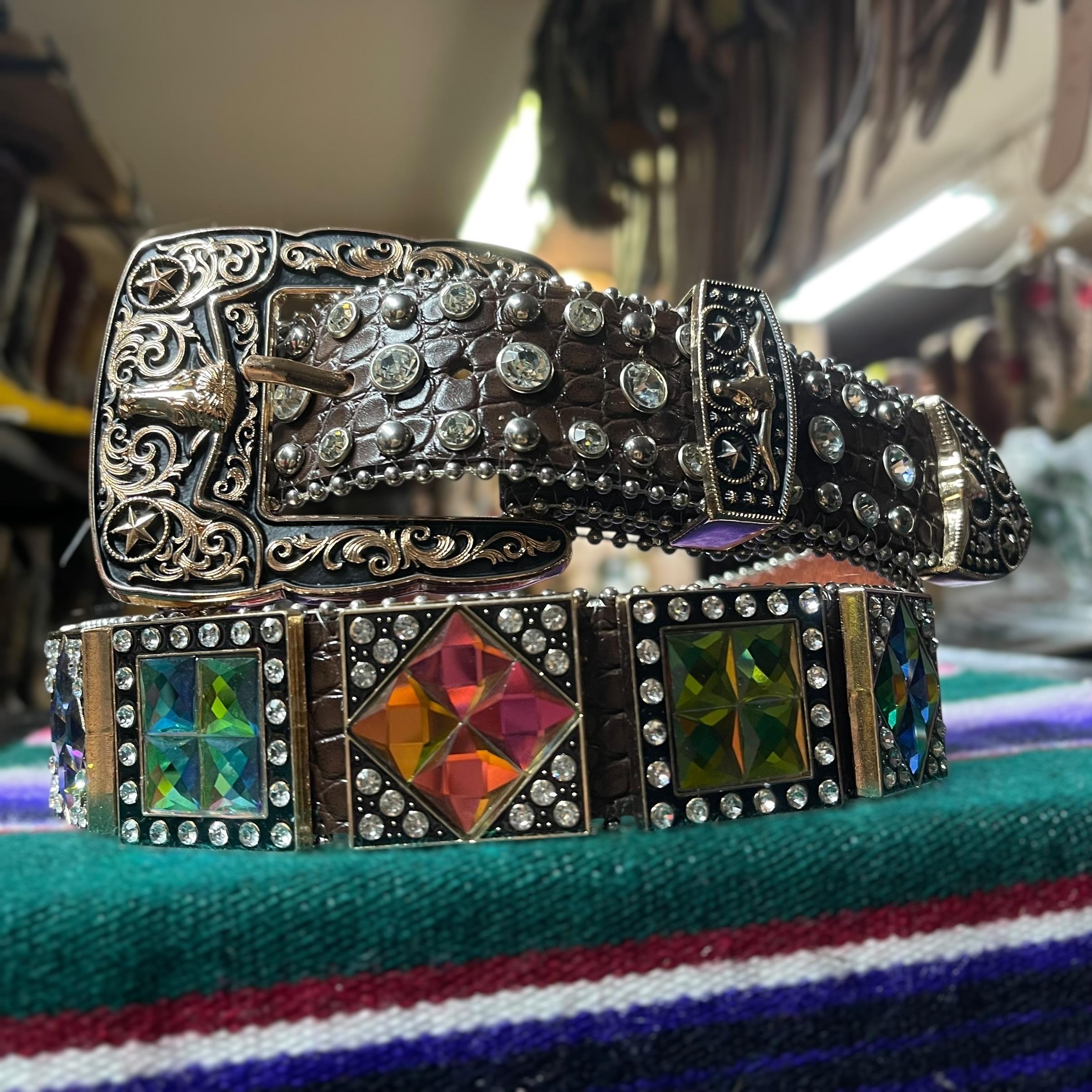 Rhinestone Brown Leather Belt. Unisex Western Cowboy Belt 