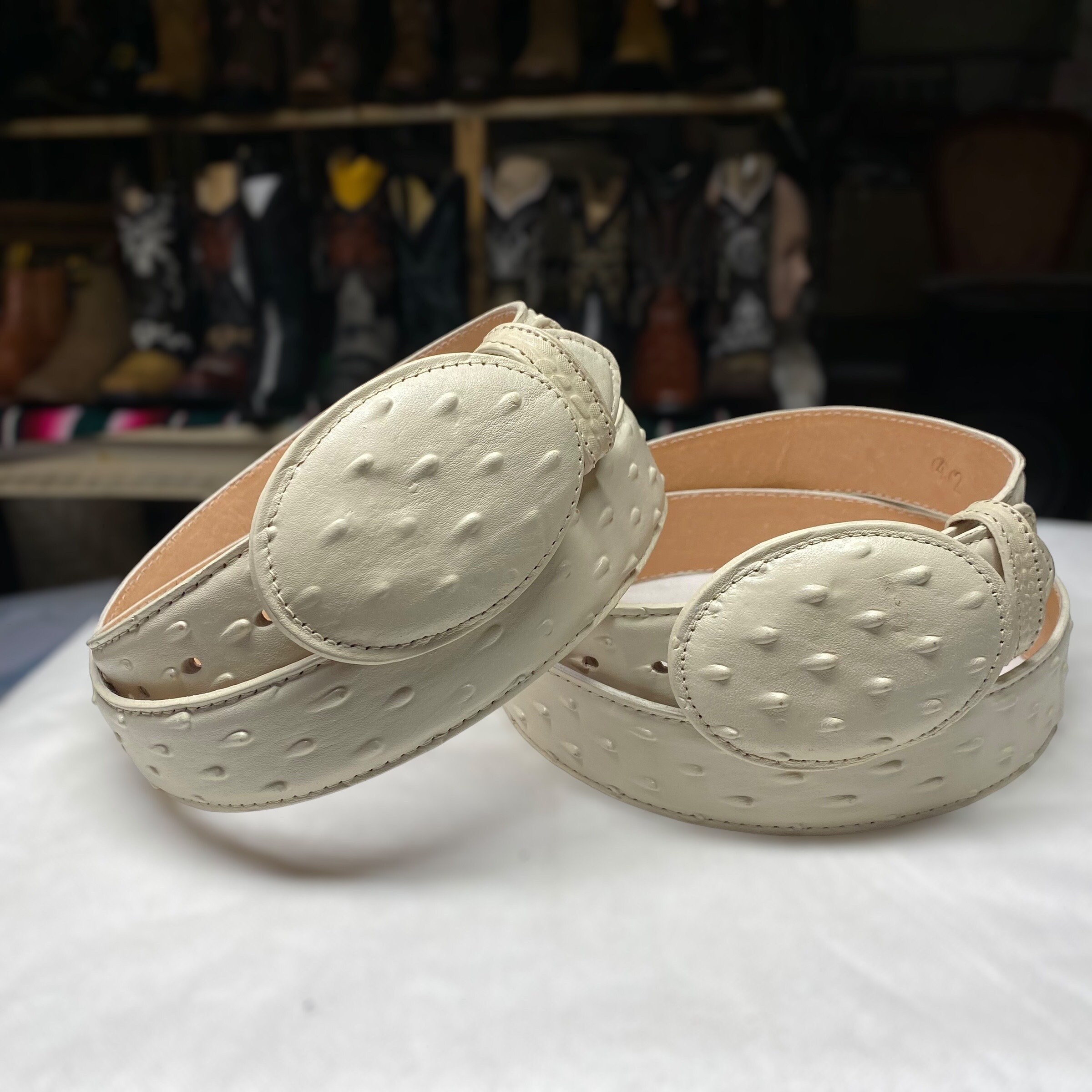 White Bone Ostrich Leather Belt. Faux Leather Ostrich Skin  display picture 2