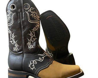 Men’s Embroidered Cowboy Boots. Brown Leather Boots for Men. Square Toe Rodeo Western Boots. Bota Vaquero De Hombre Bordado. Bota Caballero.