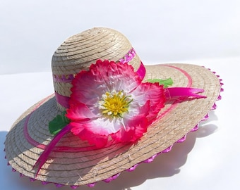 Sombrero de paja para mujer. Sombrero rosa para el sol. Sombrero de playa con flores. Sombrero para vacaciones y viajes. Sombrero de mujer.