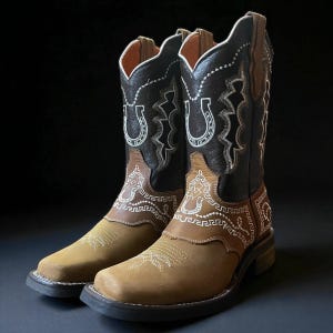 May include: A pair of cowboy boots with a square toe. The boots have a tan foot, a brown upper with white stitching, and a black shaft with a horseshoe design. The boots have a stacked heel.