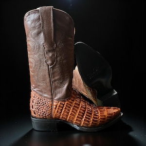 May include: A pair of brown cowboy boots with a textured, crocodile-like design on the lower portion. The boots have a pointed toe and a tall shaft with decorative stitching. The second boot is lying on its side.