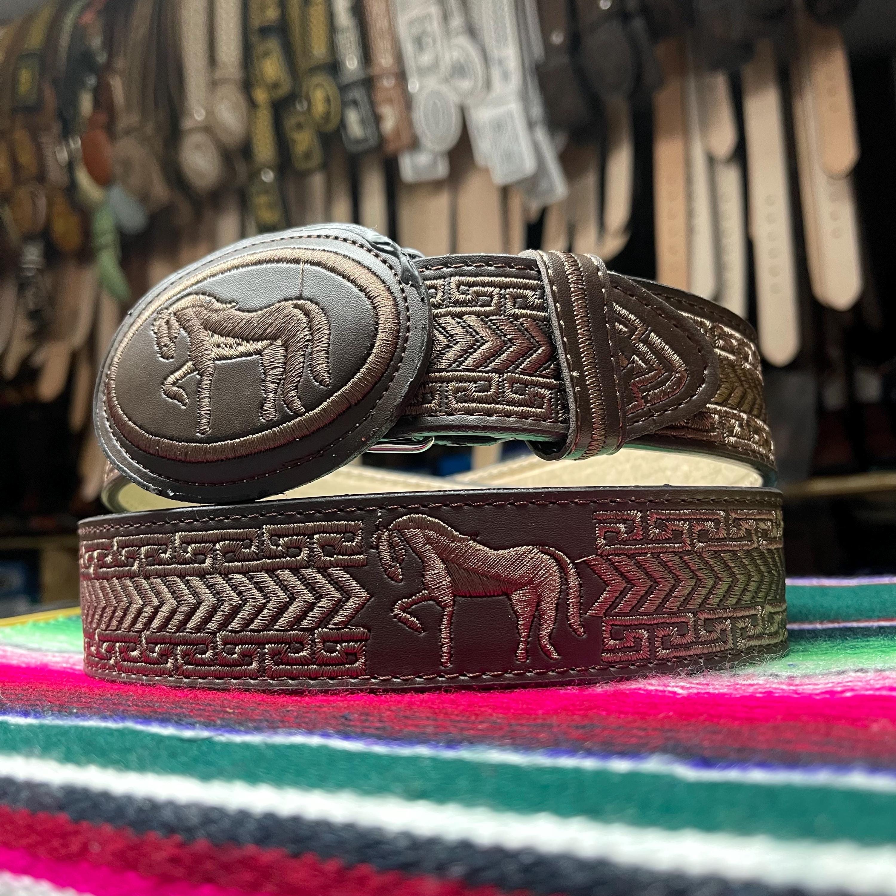 All Brown Embroidered Cowboy Belt. Men display picture 3