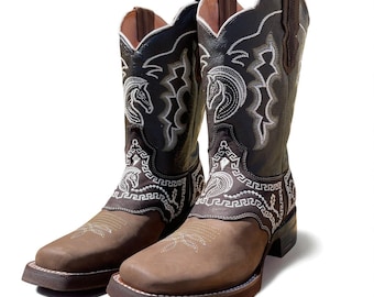 Men’s Embroidered Cowboy Boots. Brown Full grain Leather Boots. Square Toe Western Boots. Bota Vaquero De Hombre. Bota Bordada De Caballero.