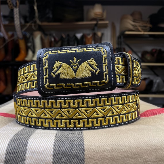 Black Embroidered Cowboy Belt. Men