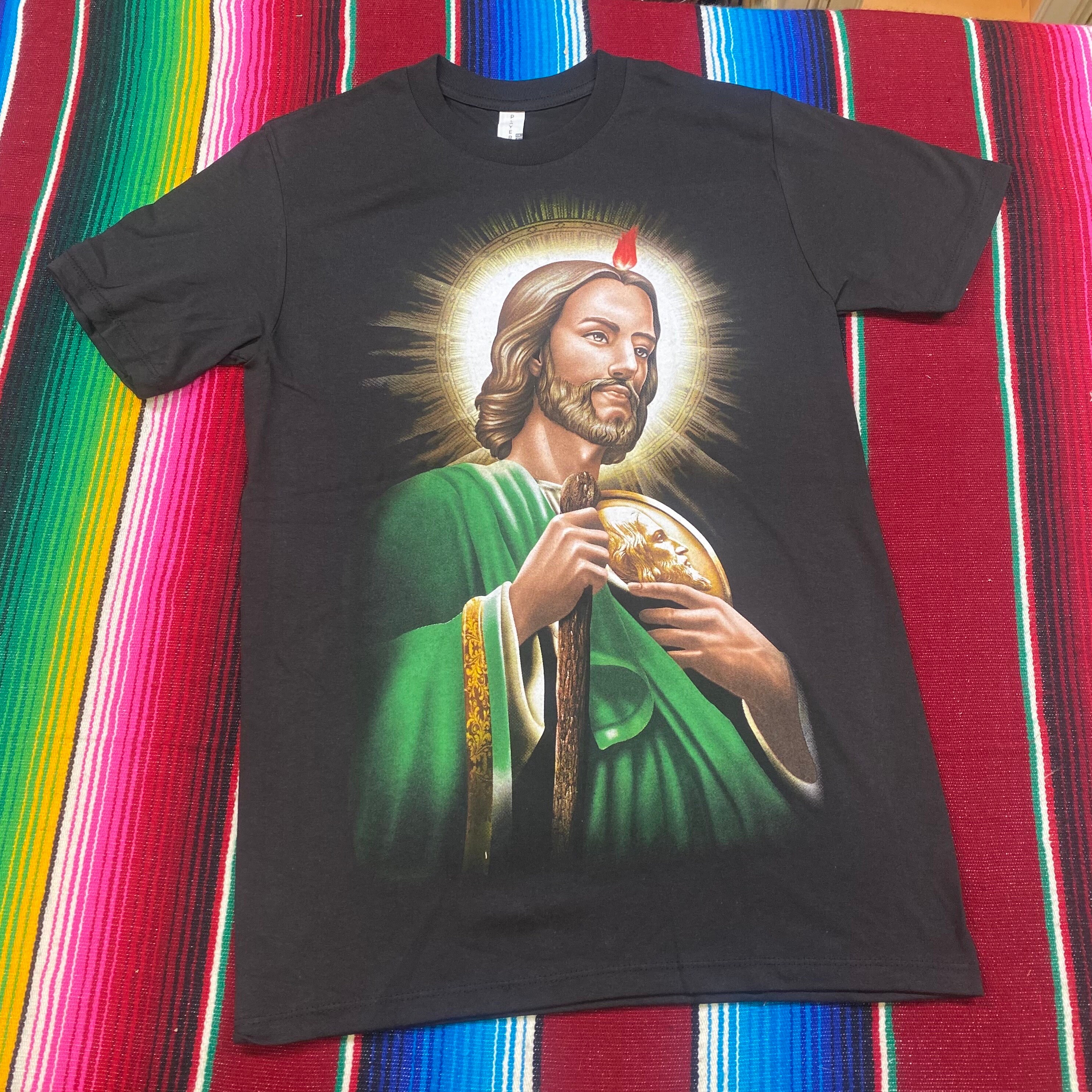 San Judas T shirt Black Polo playera Green stripes embroidered