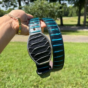May include: A black belt featuring a textured, scale-like pattern with vibrant turquoise accents between the ridges. The belt includes a matching black, shield-shaped buckle with a prominent, raised scale texture and a silver-toned metal border.