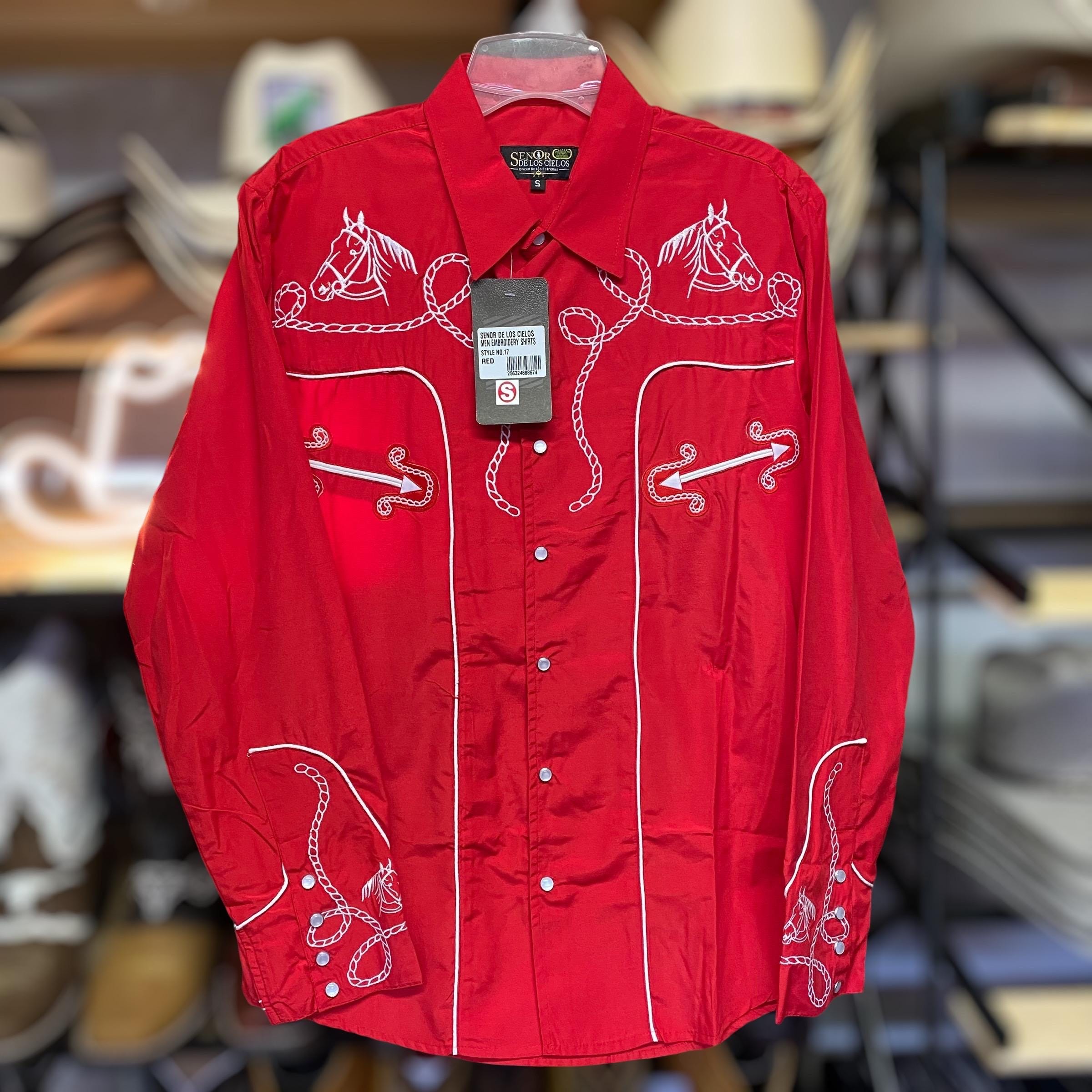 Red Embroidered Western Shirt. Men's Mexican Shirt. Horse