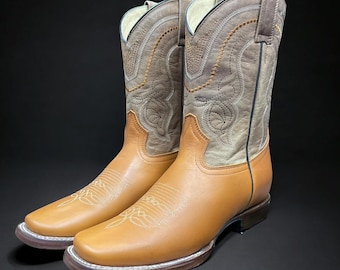 Square Toe Cowboy Boots. Brown Leather Western Boots. Bota Vaquera De Hombre. Bota De Punta Cuadrada.