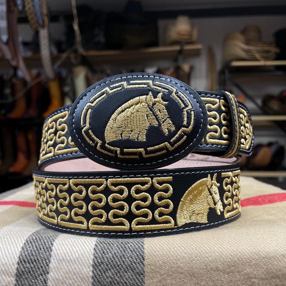Black and Gold Embroidered Belt Black Embroidered Cowboy Belt. Men main image 2