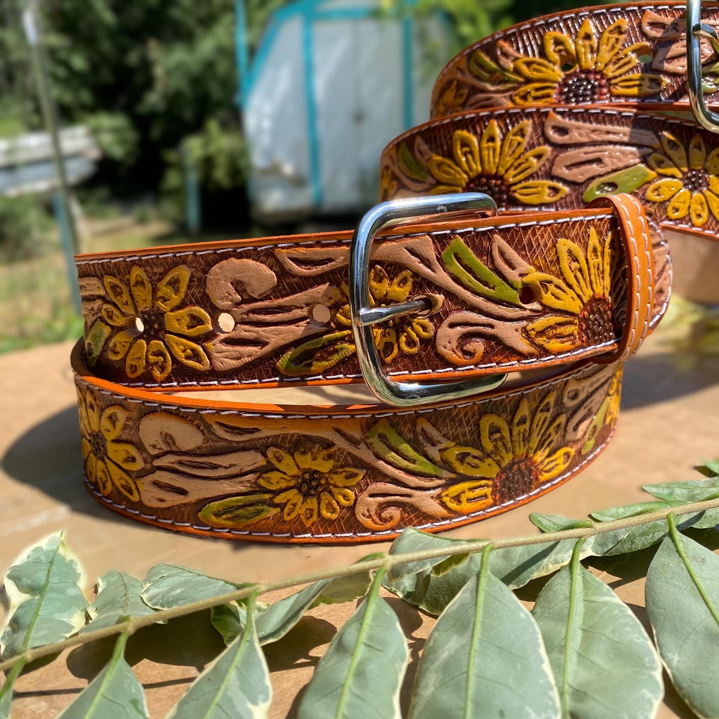 Woman's Sunflower Leather Belt. Yellow Cowboy Belt. Woman's