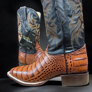 Caiman Belly Skin Cowboy Boots. Men’s Brown Leather Boots. Square Toe Western Boots for Men. Botas De Piel Caimán Cuadrada. Botas Vaquera.