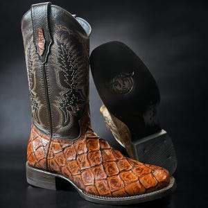 Men’s Fish Skin Leather Boots. Men’s Cowboy Western Boots. Men’d Square Toe Boots. Bota Vaquera De Hombre. Bota De Punta Cuadrada.