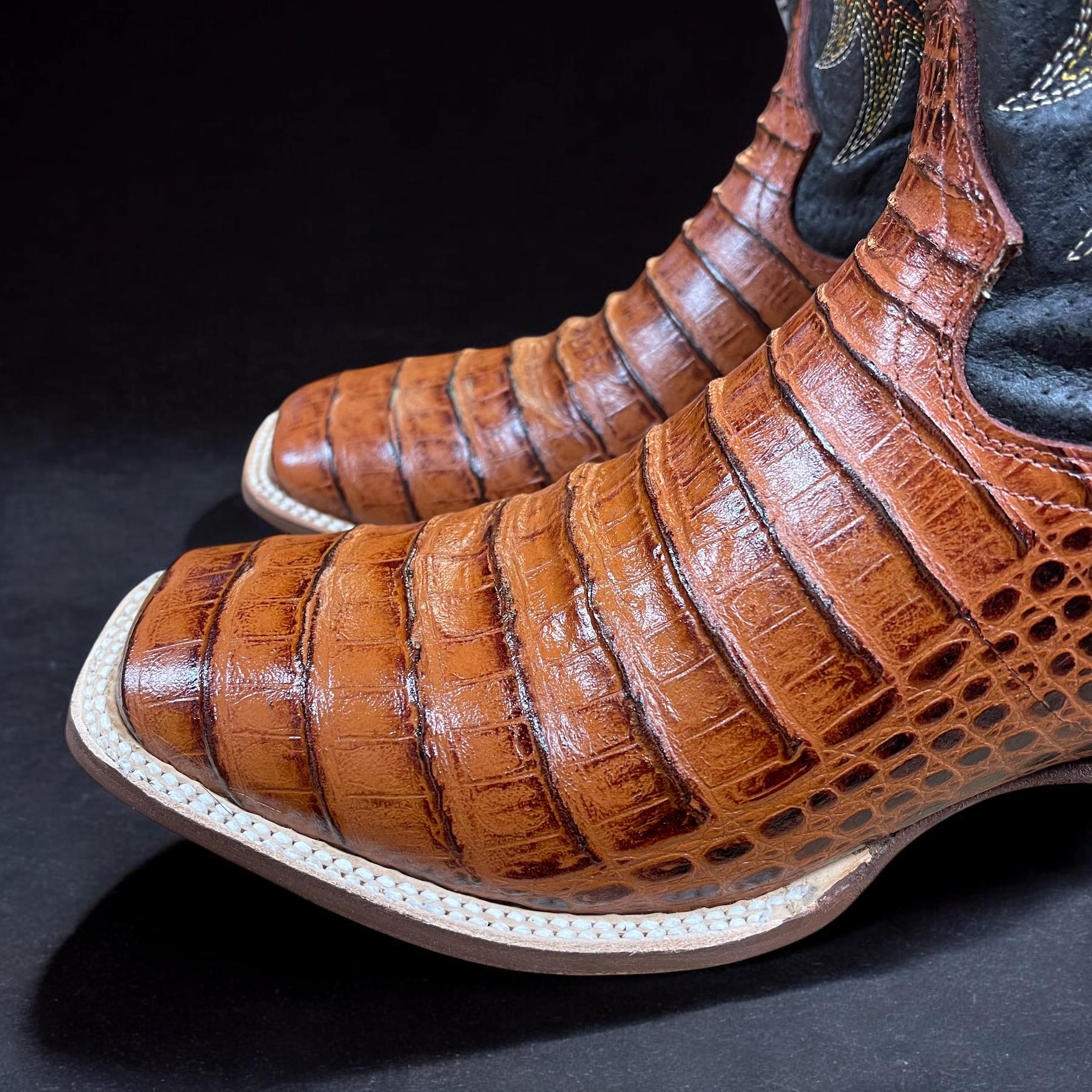 Men‘s Tan Caiman Belly Leather Cowboy Bold Crocodile Texture Square Toe Boots ?New Brown Lux Caiman From Anderson Bean! Find Them At  main image 2