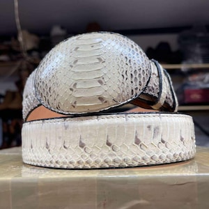 May include: A white and gray snakeskin belt with a large, rounded buckle. The belt features a textured pattern and a black border. The buckle is also made of snakeskin. The belt is displayed on a light brown surface.