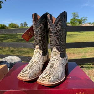 May include: A pair of cowboy boots featuring a snakeskin pattern on the lower section and a black leather upper with decorative stitching. The boots have a square toe and a brown sole. The boots are displayed on a red box.