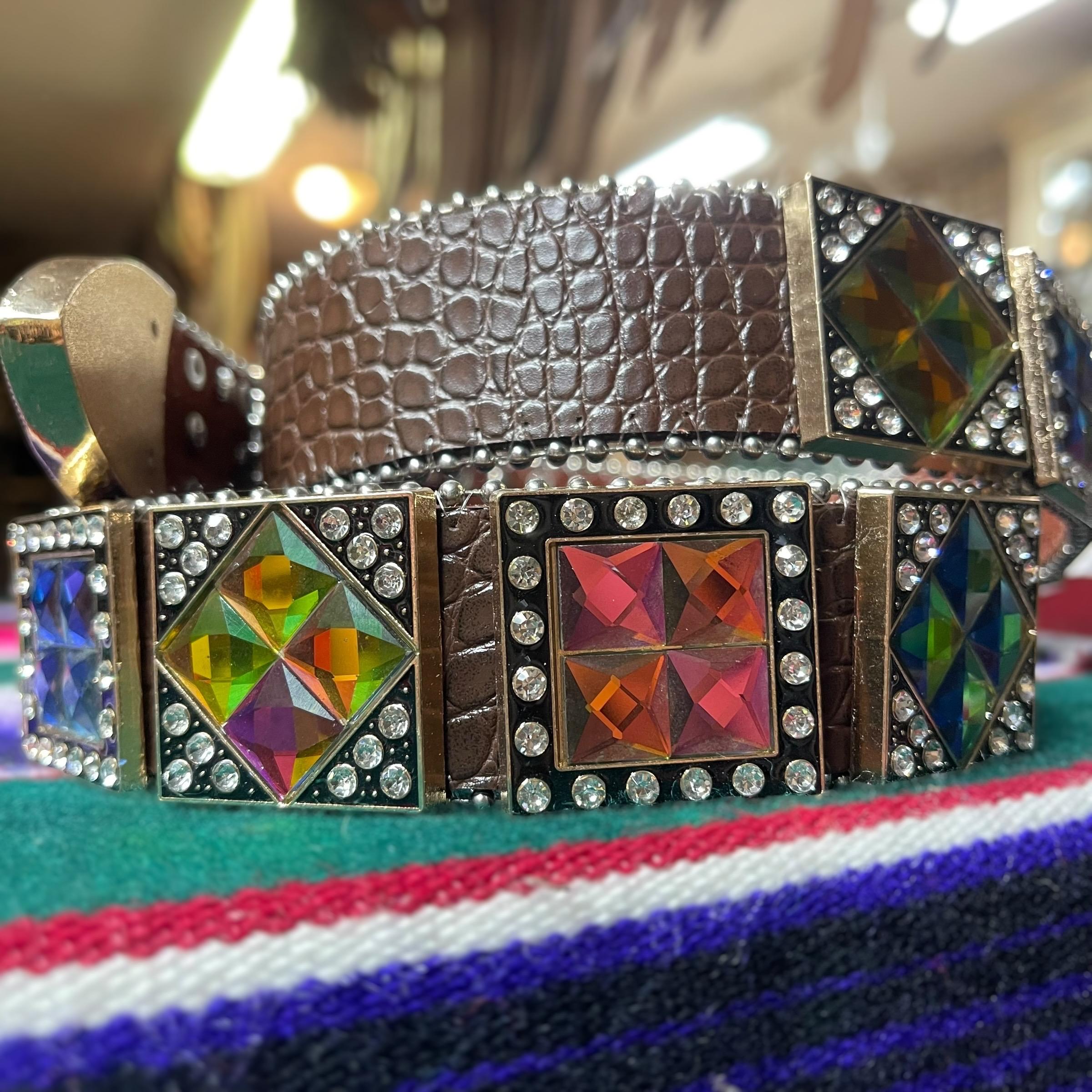 Leather Brown Belt Sz 38 Tooled Rhinestone Jessica Western Rodeo Country Cowgirl Girl main image 3