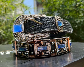 Rhinestone Cowboy Belt: Black Leather Western Belt With  display picture 1