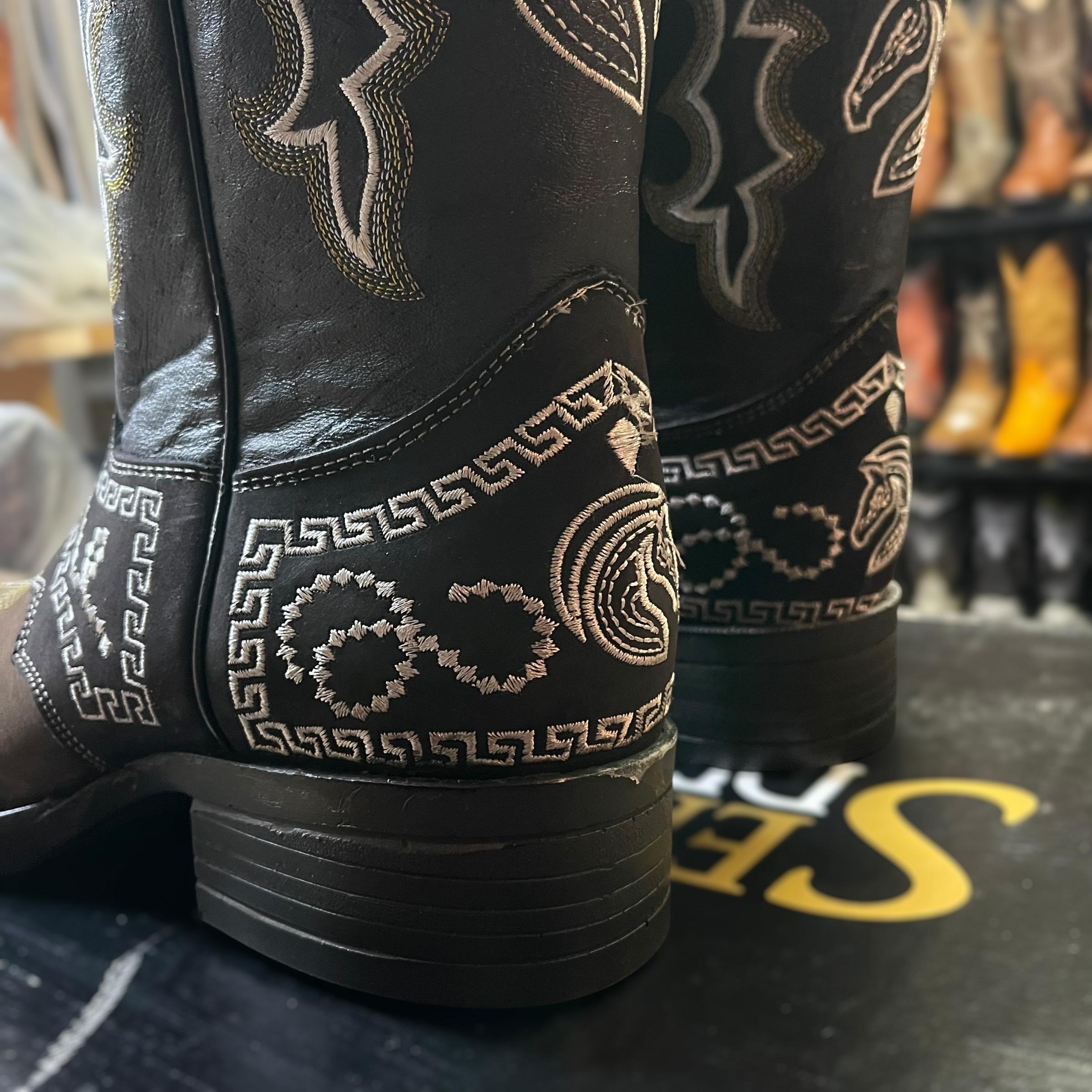 BOTAS 8 SEGUNDOS MENS SIZE 8 WESTERN COWBOY BLACK GOLD EMBROIDERED GRAPHIC BOOT Arracada Jerezana Embroidered Western Boots (Cincelada  main image 2