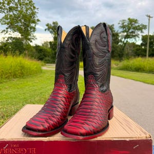 Men's Red Python Embossed Boots. Red Western Cowboy Boots. Red Leather Sole Boots. Two-Tone Embroidered Boots. Botas Vaqueras Rojas