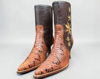 Women's Brown Python Skin Boots. Pointy Toe Women's High Heels. Yellow Floral Cowgirl Boots. Brown Leather Cowgirl Boots. Botas Florales