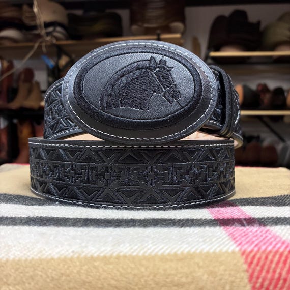 All Black Embroidered Belt. Men display picture 1