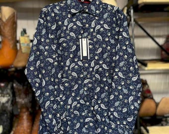 Chemise western bleue pour homme à motif cachemire. Chemise à manches longues bleue. Chemise western à motif cachemire. Chemise en coton bleue. Camisa Vaquera Bleu