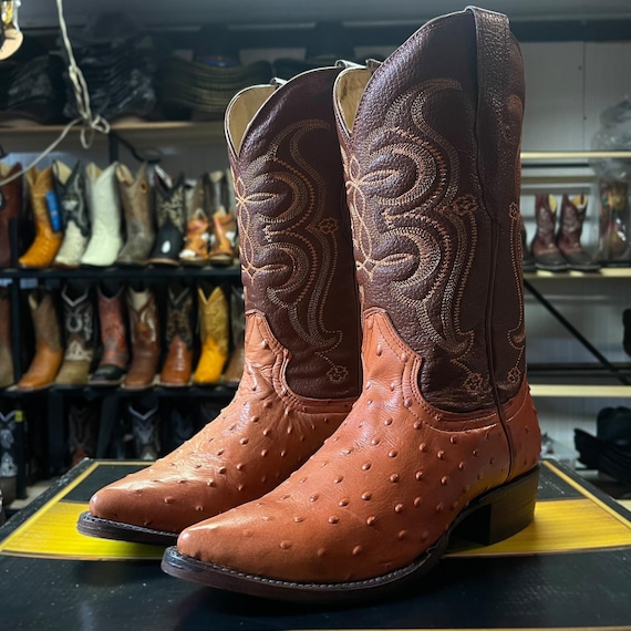 Red-brown Ostrich Skin Boots. Round Toe Cowboy Boots. Full  display picture 1
