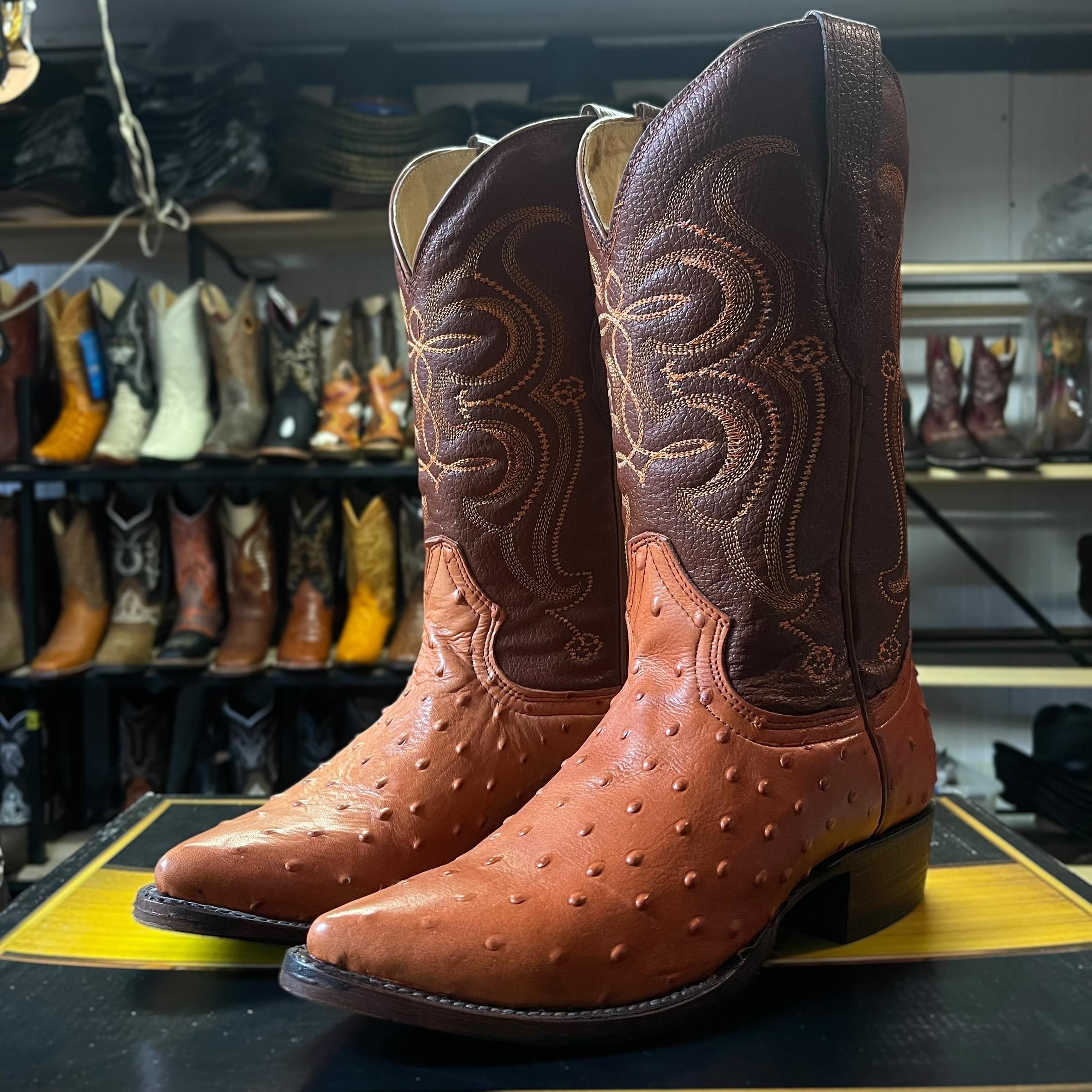 Red-brown Ostrich Skin Boots. Round Toe Cowboy Boots. Full 