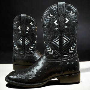 Black Ostrich Skin Cowboy Boots. Men’s Black Leather Boots. Square Toe Western Boots. Botas De Piel Avestruz. Botas Negro Vaquero De Hombre.