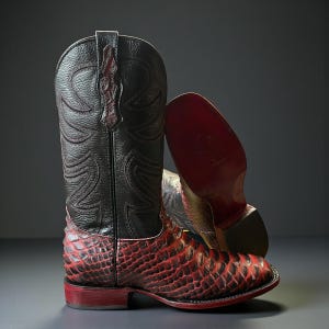 May include: A pair of cowboy boots. The uppers are black, and the lower sections are red and textured. The boots have pointed toes and stacked heels. The sole of one boot is visible, showing a red finish. The boots are made of leather.