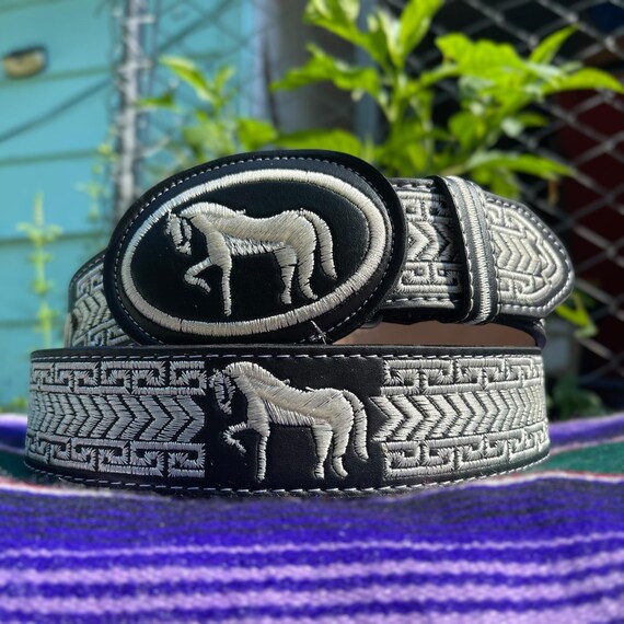 Horse Embroidery Western Belt. Mexican Cowboy Belt. Black  display picture 2