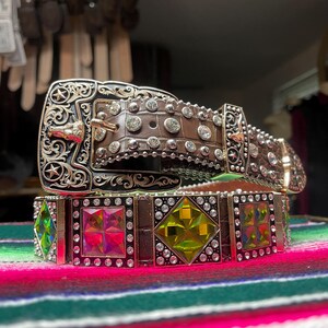 Floral painted tooled leather belt with rhinestone bling detail tooled-belt-floral-tooled-  main image 3