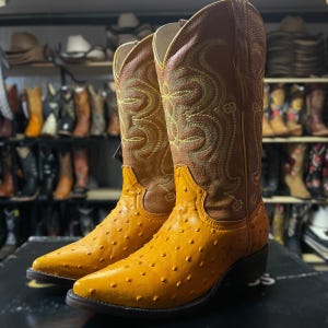Men’s Ostrich Skin Cowboy Boots. Yellow Cognac Leather Boots. Ostrich Round Toe Boots. Western Cowboy Boots. Botas De Piel Avestruz Cognac.