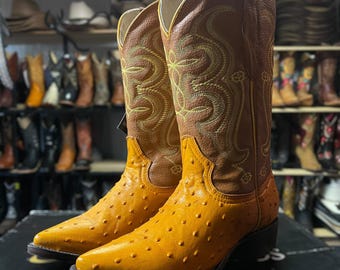Herren Straußenleder Cowboystiefel. Gelbe Cognac Leder Stiefel. Strauß Runde Zehen Stiefel. Western Cowboy Stiefel. Botas De Piel Avestruz Cognac.