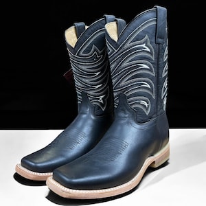 Herren schwarze Lederstiefel. Cowboy Stiefel mit quadratischer Kappe. Leder Westernstiefel für Herren. Botas De Piel Vaquero. Bota De Hombre Negro.