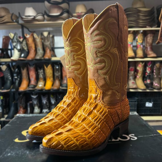 Men’s Alligator Crocodile Skin Boots. Men’s Western Cowboy Boots. Round Toe Western Boots. Orange Leather Boots. Botas De Piel Caiman.