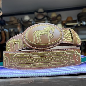 Men’s Cowboy Embroidered Belt. Western Leather Belt for Men. 1.5 Inch Full Grain Wide Belt. Cinto Piteado De Piel. Cinto Vaquero Charro.