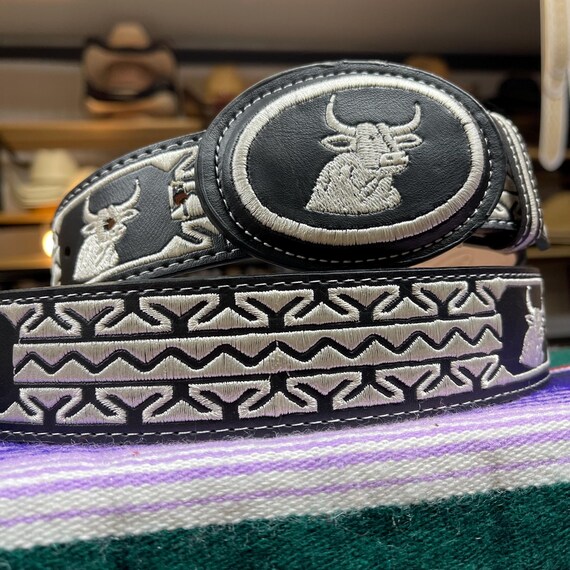 Black Bull Embroidered Leather Belt. Men display picture 1