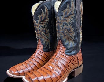 Caiman Belly Skin Cowboy Boots. Men’s Brown Leather Boots. Square Toe Western Boots for Men. Botas De Piel Caimán Cuadrada. Botas Vaquera.